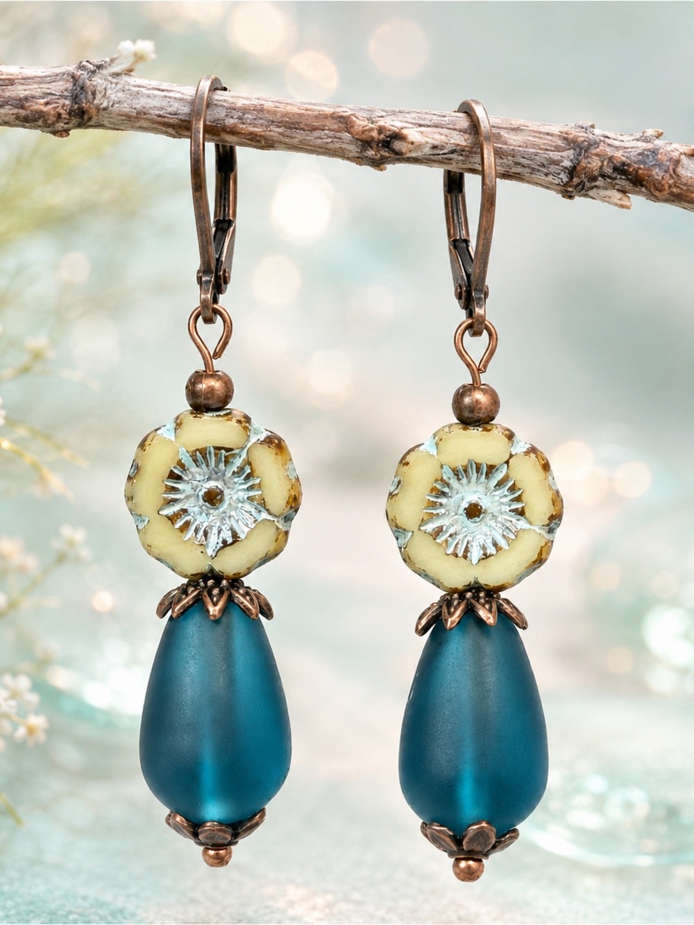 Handmade Teal Sea Glass Czech Flower Antique Copper Earrings